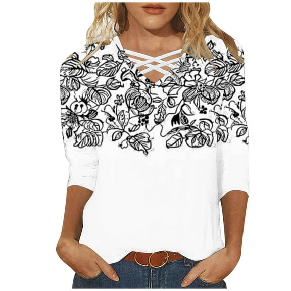 CYMMPU Tunic Tops 3/4 Sleeve Loose Fit Blouses for Women Dressy Casual Floral Printed Spring Tops V Neck Summer Fashion Shirts Business Elegant Work Topss M