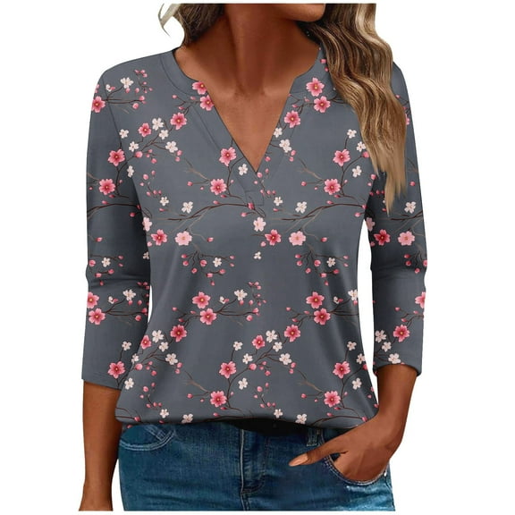 CYMMPU Tunic Tops 3/4 Sleeve Loose Fit Floral Pattern V Neck Blouses for Women Dressy Casual Summer Fashion Shirts Spring Tops Business Elegant Work Topss Multicolor XXXL