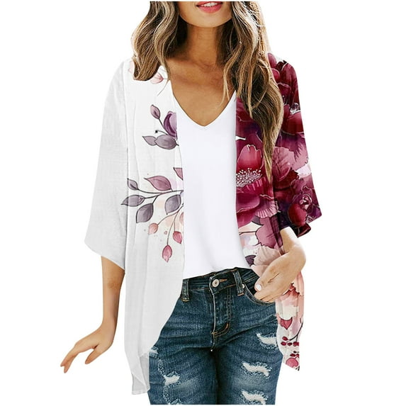 CYMMPU Tunic Tops 3/4 Sleeve Loose Fit Summer Trendy Chiffon Shirts Spring Tops Blouses for Women Dressy Casual Front Open Cardigan Flower Pattern Kimono Cover Up for Beach Kimono Multicolor XXXXXL