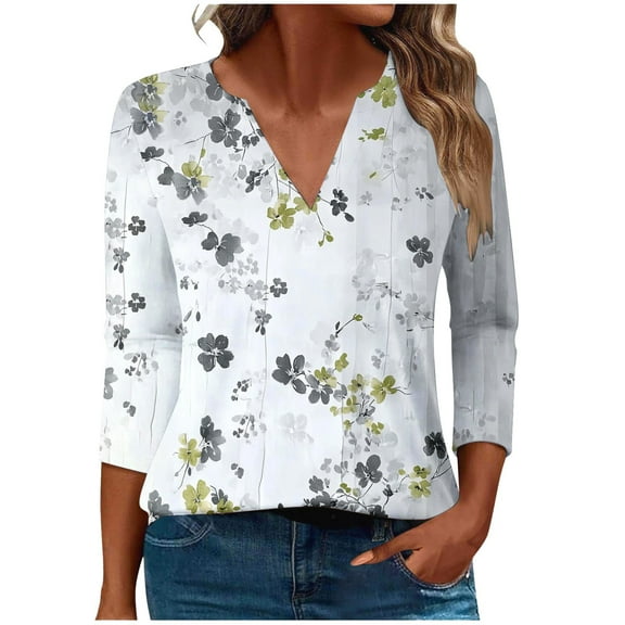 CYMMPU Tunic Tops 3/4 Sleeve Loose Fit V Neck Spring Tops Summer Fashion Shirts Blouses for Women Dressy Casual Flower Pattern Business Elegant Work Topss Multicolor XXXL