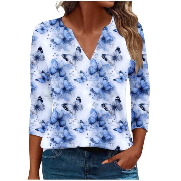 CYMMPU Tunic Tops 3/4 Sleeve Loose Fit V Neck Summer Trendy Shirts Blouses for Women Dressy Casual Flower Printed Spring Tops Business Elegant Work Tops T-Shirts Multicolor XXXXXL
