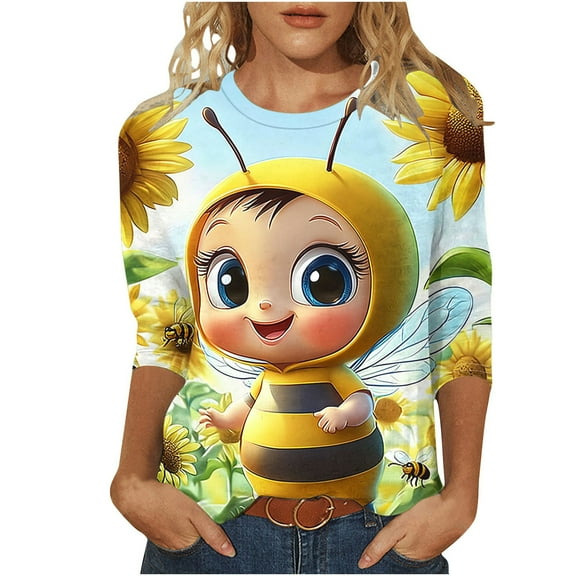 CYMMPU Tunic Tops 3/4 Sleeve Round Neck Bee Printed Loose Fit Blouses for Women Dressy Casual Spring Tops Fall Fashion Shirts Cute Animals T-Shirts Yellow M