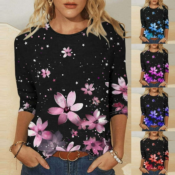 CYMMPU Tunic Tops 3/4 Sleeve Round Neck Blouses for Women Dressy Casual Spring Tops Loose Fit Fall Fashion Shirts Flower Pattern Lightweight Basic T-Shirts Pink XL