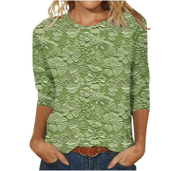 CYMMPU Tunic Tops 3/4 Sleeve Round Neck Blouses for Women Dressy Casual Summer Fashion Shirts Spring Tops Floral Printed Loose Fit Lightweight Basic T-Shirts Multicolor S