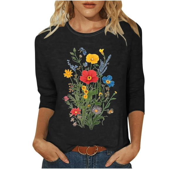 CYMMPU Tunic Tops 3/4 Sleeve Round Neck Flower Pattern Spring Tops Loose Fit Fall Trendy Shirts Blouses for Women Dressy Casual Lightweight Basic Tees Black XL