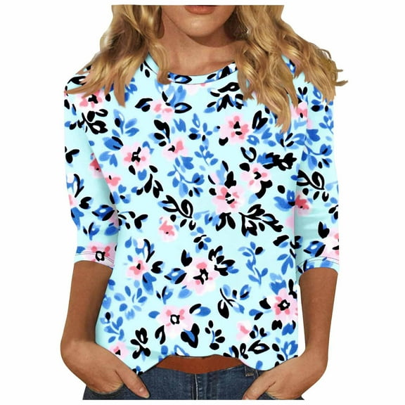 CYMMPU Tunic Tops 3/4 Sleeve Round Neck Flower Printed Fall Trendy Shirts Loose Fit Spring Tops Blouses for Women Dressy Casual Lightweight Basic Tees Multicolor M