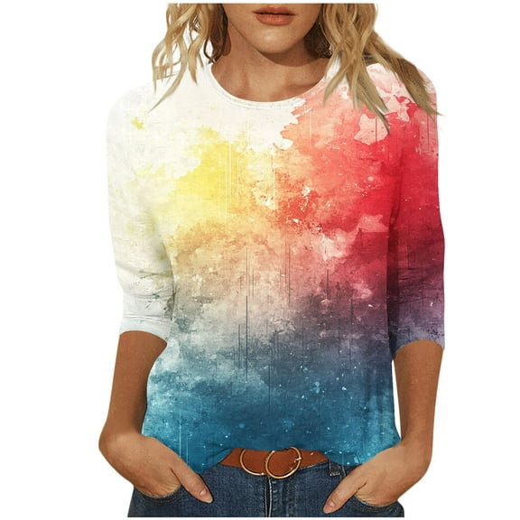 CYMMPU Tunic Tops 3/4 Sleeve Round Neck Loose Fit Summer Fashion Shirts Spring Tops Blouses for Women Dressy Casual Floral Pattern Lightweight Basic T-Shirts White S