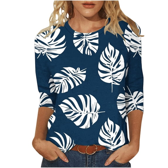 CYMMPU Tunic Tops 3/4 Sleeve Round Neck Spring Tops Loose Fit Fall Fashion Shirts Flower Pattern Blouses for Women Dressy Casual Pleated Dressy T-Shirts Navy M