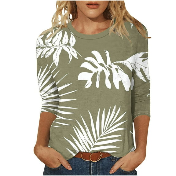 CYMMPU Tunic Tops 3/4 Sleeve Round Neck Spring Tops Loose Fit Flower Printed Blouses for Women Dressy Casual Summer Fashion Shirts Pleated Dressy T-Shirts Army Green L