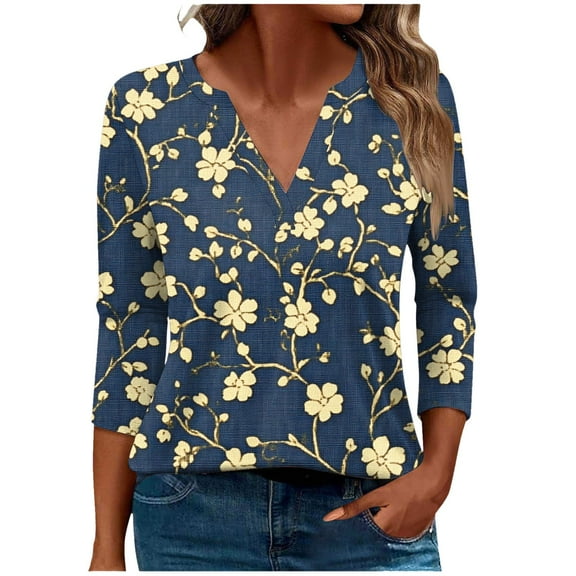 CYMMPU Tunic Tops 3/4 Sleeve Spring Tops Blouses for Women Dressy Casual Loose Fit Fall Fashion Shirts Flower Pattern V Neck Business Elegant Work Topss XXXL