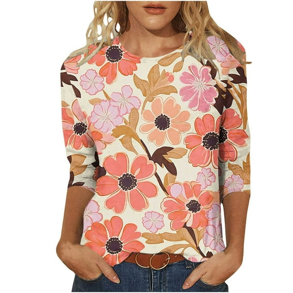 CYMMPU Tunic Tops 3/4 Sleeve Spring Tops Fall Fashion Shirts Crew Neck Floral Pattern Loose Fit Blouses for Women Dressy Casual Lightweight Basic T-Shirts Multicolor XXXXXL