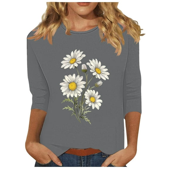 CYMMPU Tunic Tops 3/4 Sleeve Spring Tops Floral Printed Round Neck Blouses for Women Dressy Casual Summer Fashion Shirts Loose Fit Lightweight Basic T-Shirts Gray XL