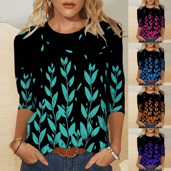 CYMMPU Tunic Tops 3/4 Sleeve Spring Tops Loose Fit Blouses for Women Dressy Casual Floral Printed Crew Neck Summer Fashion Shirts Lightweight Basic T-Shirts Green XXXL