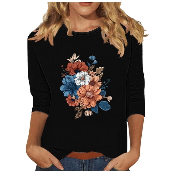 CYMMPU Tunic Tops 3/4 Sleeve Spring Tops Round Neck Fall Trendy Shirts Blouses for Women Dressy Casual Loose Fit Floral Printed Lightweight Basic Tees Black L