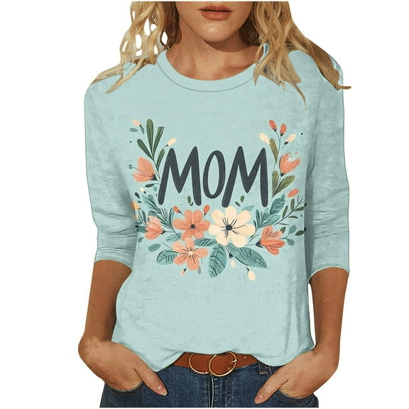 CYMMPU Tunic Tops 3/4 Sleeve Spring Tops Summer Trendy Shirts Blouses for Women Dressy Casual Loose Fit Round Neck Floral Pattern Mother's Gift Tops T-Shirts Light Blue XXXL