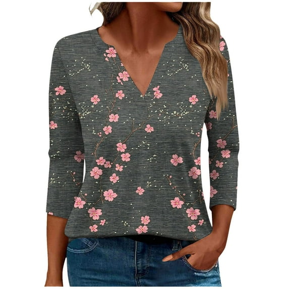 CYMMPU Tunic Tops 3/4 Sleeve Spring Tops V Neck Blouses for Women Dressy Casual Loose Fit Fall Trendy Shirts Flower Printed Business Elegant Work Tops T-Shirts XXXXXL