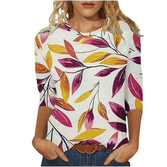 CYMMPU Tunic Tops 3/4 Sleeve Summer Fashion Shirts Spring Tops Round Neck Blouses for Women Dressy Casual Floral Pattern Loose Fit Lightweight Basic T-Shirts Multicolor XXXL