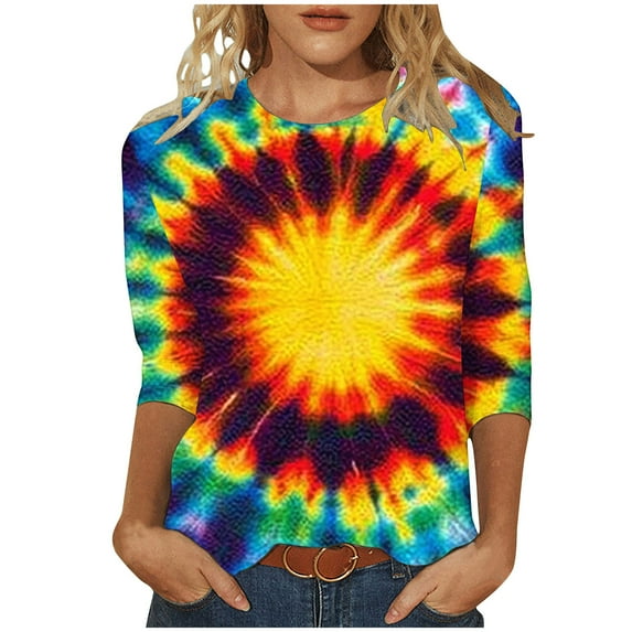 CYMMPU Tunic Tops 3/4 Sleeve Summer Fashion Shirts Spring Tops Tie Dye Loose Fit Blouses for Women Dressy Casual Round Neck Ombre T-Shirts XXXXL