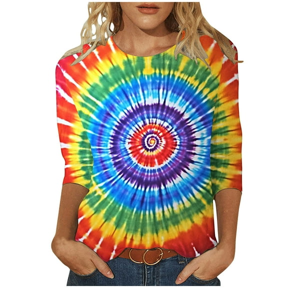 CYMMPU Tunic Tops 3/4 Sleeve Summer Fashion Shirts Tie Dye Round Neck Spring Tops Blouses for Women Dressy Casual Loose Fit Ombre T-Shirts XXXXL