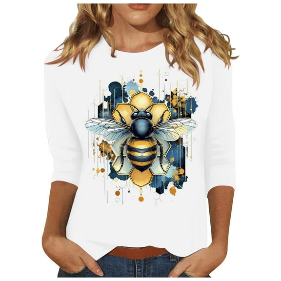 CYMMPU Tunic Tops 3/4 Sleeve Summer Trendy Shirts Crew Neck Bee Graphic Spring Tops Blouses for Women Dressy Casual Loose Fit Lightweight Basic Tees White XXL
