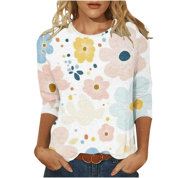 CYMMPU Tunic Tops 3/4 Sleeve Summer Trendy Shirts Loose Fit Round Neck Floral Pattern Blouses for Women Dressy Casual Spring Tops Lightweight Basic Tees Pink XXL