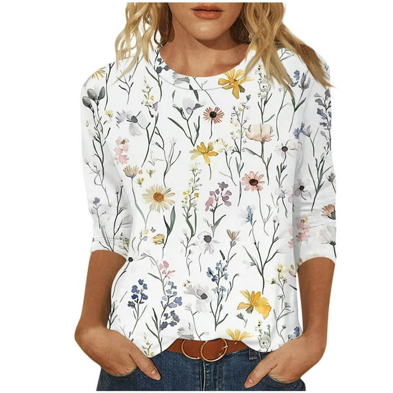 CYMMPU Tunic Tops 3/4 Sleeve Summer Trendy Shirts Spring Tops Blouses for Women Dressy Casual Round Neck Flower Printed Loose Fit Lightweight Basic Tees White M