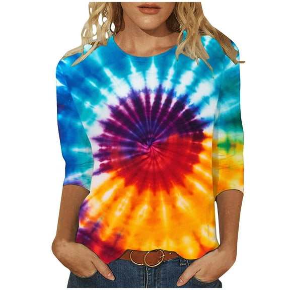 CYMMPU Tunic Tops 3/4 Sleeve Tie Dye Blouses for Women Dressy Casual Spring Tops Loose Fit Fall Trendy Shirts Round Neck Ombre T-Shirts Multicolor M