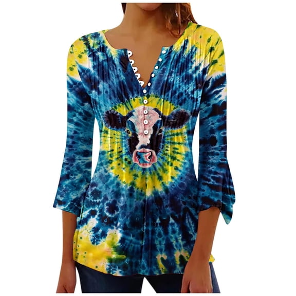 CYMMPU Tunic Tops 3/4 Sleeve Tie Dye Loose Fit Button V Neck Flare Sleeve Spring Tops Blouses for Women Dressy Casual Summer Fashion Shirts Empire Waist A Line T-Shirts Multicolor XXL