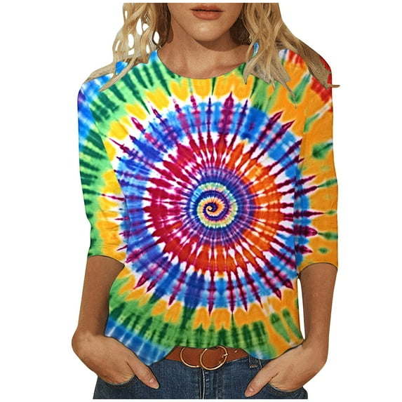 CYMMPU Tunic Tops 3/4 Sleeve Tie Dye Loose Fit Spring Tops Summer Trendy Shirts Blouses for Women Dressy Casual Crew Neck Ombre T-Shirts Multicolor XXXXXL