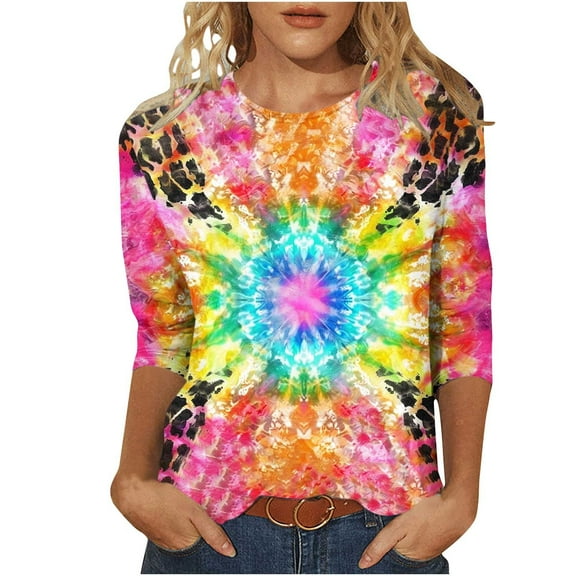 CYMMPU Tunic Tops 3/4 Sleeve Tie Dye Ombre Round Neck Blouses for Women Dressy Casual Loose Fit Summer Trendy Shirts Spring Tops Lightweight Basic Tees Multicolor XXXXXL
