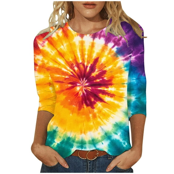 CYMMPU Tunic Tops 3/4 Sleeve Tie Dye Round Neck Blouses for Women Dressy Casual Spring Tops Loose Fit Fall Fashion Shirts Ombre T-Shirts Multicolor XXXXL