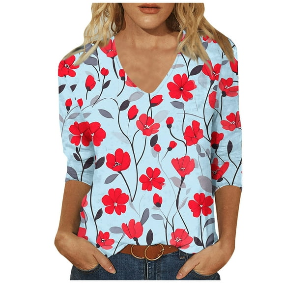 CYMMPU Tunic Tops 3/4 Sleeve V Neck Summer Trendy Shirts Spring Tops Blouses for Women Dressy Casual Floral Pattern Loose Fit Business Elegant Work Tops T-Shirts S