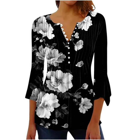 CYMMPU Tunic Tops Button V Neck Flare Sleeve Blouses for Women Dressy Casual Floral Printed Summer Trendy Shirts Loose Fit Spring Tops 3/4 Sleeve Pleated Dressy T-Shirts Multicolor XL