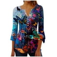 thumbnail image 1 of CYMMPU Tunic Tops Button V Neck Flare Sleeve Blouses for Women Dressy Casual Summer Trendy Shirts Spring Tops Floral Pattern 3/4 Sleeve Loose Fit Empire Waist A Line T-Shirts M, 1 of 5