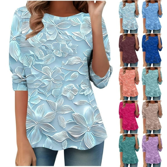 CYMMPU Tunic Tops Crew Neck Blouses for Women Dressy Casual 3/4 Sleeve Flower Pattern Loose Fit Spring Tops Summer Trendy Shirts Lightweight Basic Tees Green M