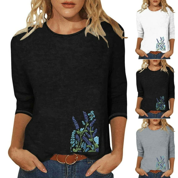 CYMMPU Tunic Tops Crew Neck Blouses for Women Dressy Casual 3/4 Sleeve Summer Fashion Shirts Floral Printed Loose Fit Spring Tops Lightweight Basic T-Shirts Black XXL
