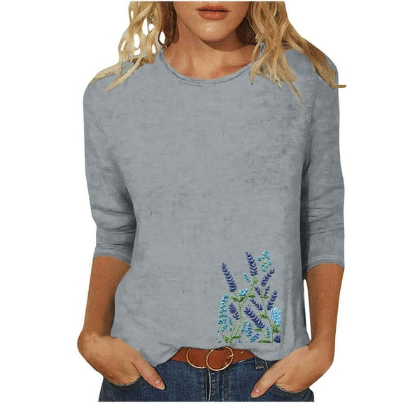 CYMMPU Tunic Tops Crew Neck Blouses for Women Dressy Casual 3/4 Sleeve Summer Fashion Shirts Spring Tops Loose Fit Floral Printed Lightweight Basic T-Shirts Gray M