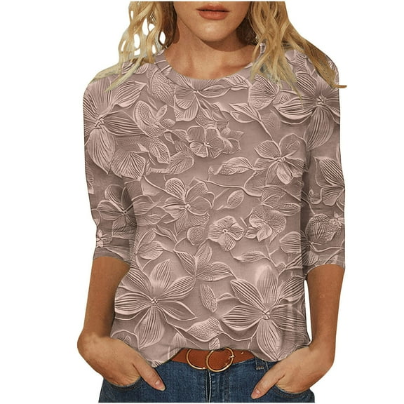 CYMMPU Tunic Tops Crew Neck Blouses for Women Dressy Casual 3/4 Sleeve Summer Trendy Shirts Flower Pattern Loose Fit Spring Tops Lightweight Basic Tees Khaki XXL