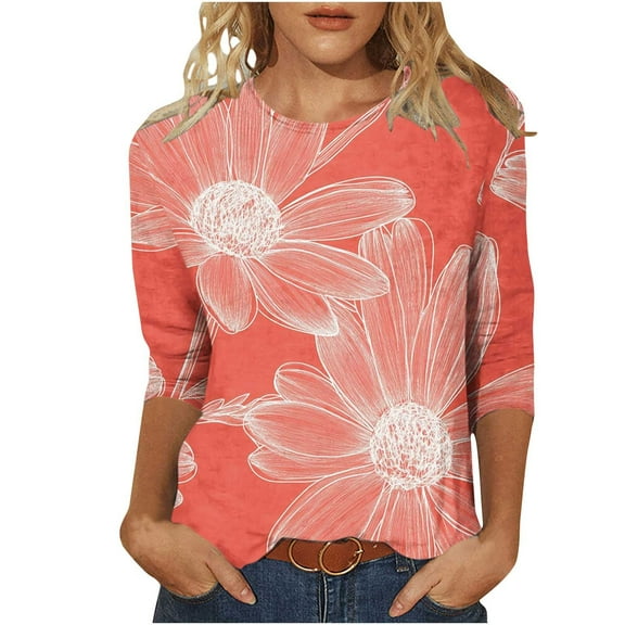 CYMMPU Tunic Tops Crew Neck Blouses for Women Dressy Casual Summer Fashion Shirts Spring Tops 3/4 Sleeve Loose Fit Floral Pattern Lightweight Basic T-Shirts Multicolor L