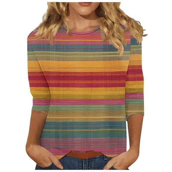 CYMMPU Tunic Tops Crew Neck Blouses for Women Dressy Casual Loose Fit 3/4 Sleeve Summer Fashion Shirts Striped Ombre Spring Tops Dye Tie T-Shirts S