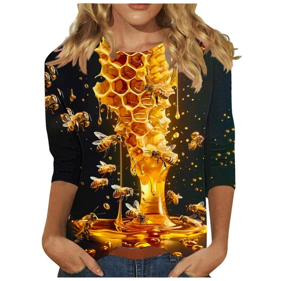 CYMMPU Tunic Tops Round Neck Blouses for Women Dressy Casual Bee Printed Loose Fit Summer Trendy Shirts 3/4 Sleeve Spring Tops Lightweight Basic Tees M