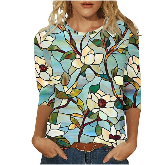 CYMMPU Tunic Tops Round Neck Blouses for Women Dressy Casual Loose Fit Summer Fashion Shirts Spring Tops Floral Printed 3/4 Sleeve Lightweight Basic T-Shirts 18