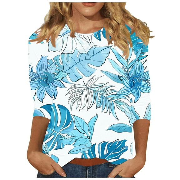 CYMMPU Tunic Tops Round Neck Blouses for Women Dressy Casual Summer Fashion Shirts Loose Fit Spring Tops Flower Printed 3/4 Sleeve Lightweight Basic T-Shirts M