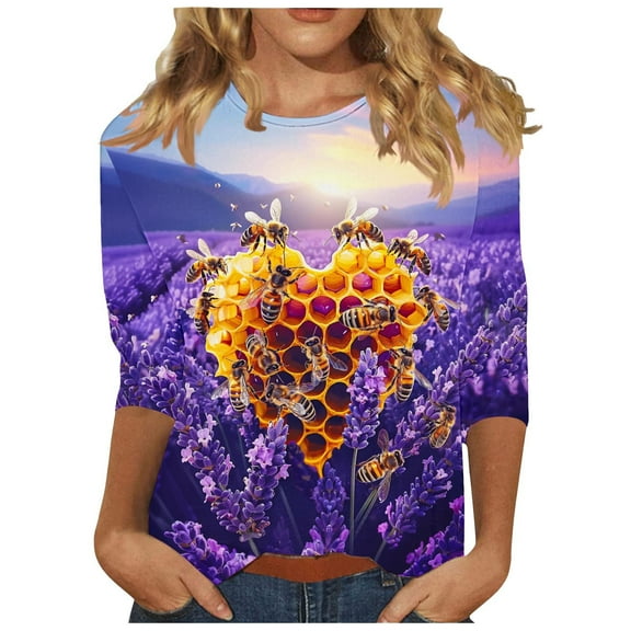 CYMMPU Tunic Tops Round Neck Blouses for Women Dressy Casual Summer Trendy Shirts 3/4 Sleeve Bee Printed Loose Fit Spring Tops Lightweight Basic Tees M