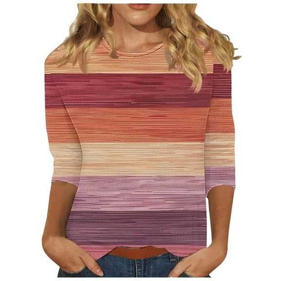 CYMMPU Tunic Tops Round Neck Blouses for Women Dressy Casual Spring Tops Loose Fit Summer Trendy Shirts 3/4 Sleeve Striped Ombre Dye Tie T-Shirts S