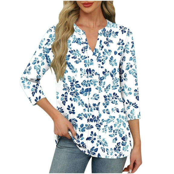 CYMMPU Tunic Tops V Neck Blouses for Women Dressy Casual Flower Printed Loose Fit 3/4 Sleeve Summer Trendy Shirts Spring Tops Business Elegant Work Tops T-Shirts Light Blue L