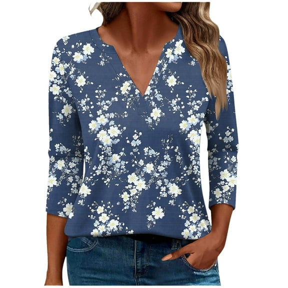 CYMMPU Tunic Tops V Neck Blouses for Women Dressy Casual Loose Fit 3/4 Sleeve Floral Printed Spring Tops Summer Fashion Shirts Business Elegant Work Topss Multicolor S