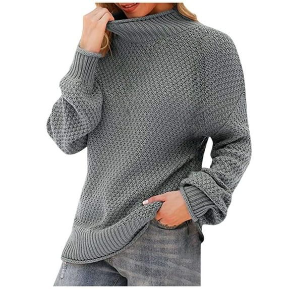 CYMMPU Turtle Neck Fall Sweatshirt Solid Color Sweater Shirts Long Sleeve Trendy Pullover Plus Size Tops Fashion Spring Clothes for Women Gray M