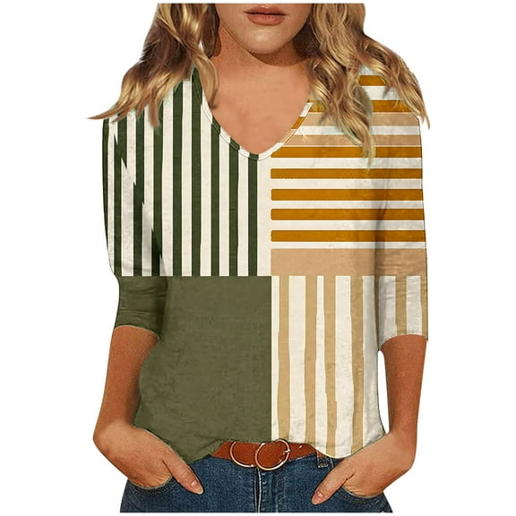 CYMMPU V-Neck Color Block 3/4 Length Sleeve Shirts Vintage Basic Tees Summer Fall Business Work Blouses Fashion Tunic Tops 2025 Clothes for Women Army Green XL