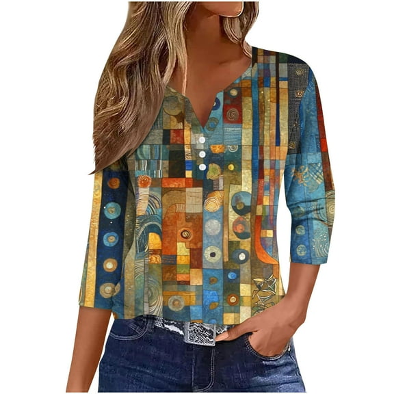 CYMMPU V-Neck Western Printed 3/4 Length Sleeve Summer Fall Shirts Dressy Tunic Tops Business Work Blouses Basic Tees Casual 2025 Clothes for Women Khaki XXL
